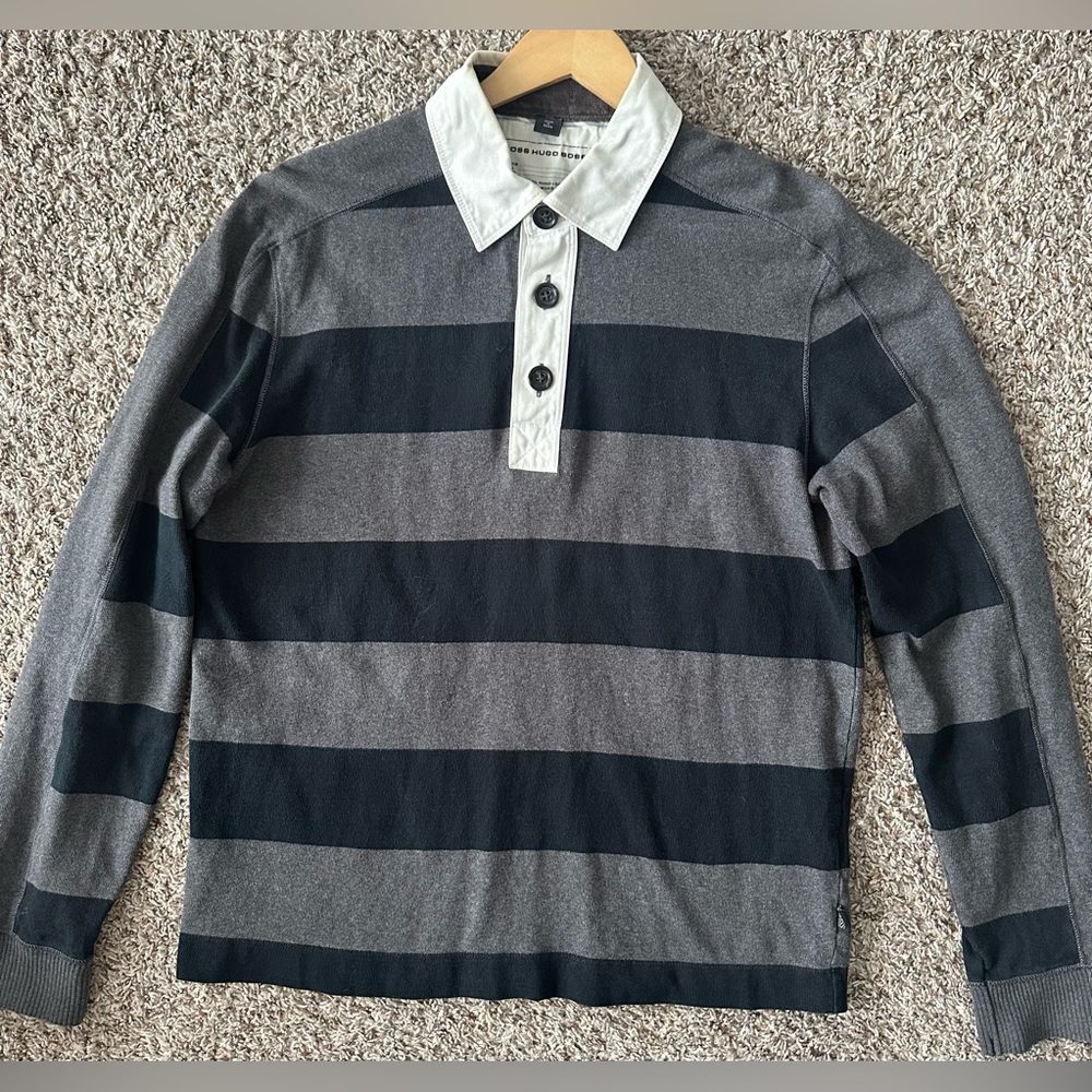 Boss Gray and Black Striped Rugby Shirt